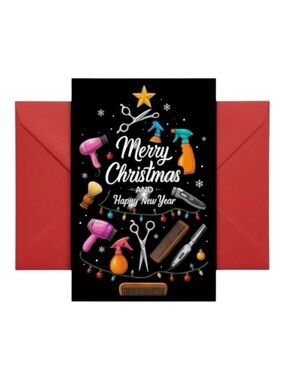 Hair Stylist Christmas Card Salon Holiday Greeting Red Envelope NWT